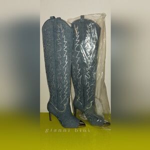Gianni Bini Denim Blue Embellished Knee-High Stiletto Boots